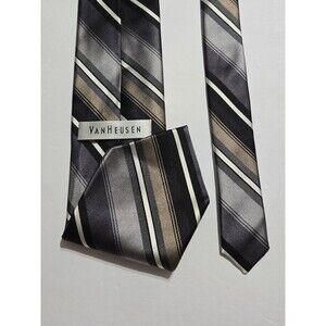 Van Hausen 100% Silk Necktie Striped Pattern Shades Of Brown, Grey & Black Tie